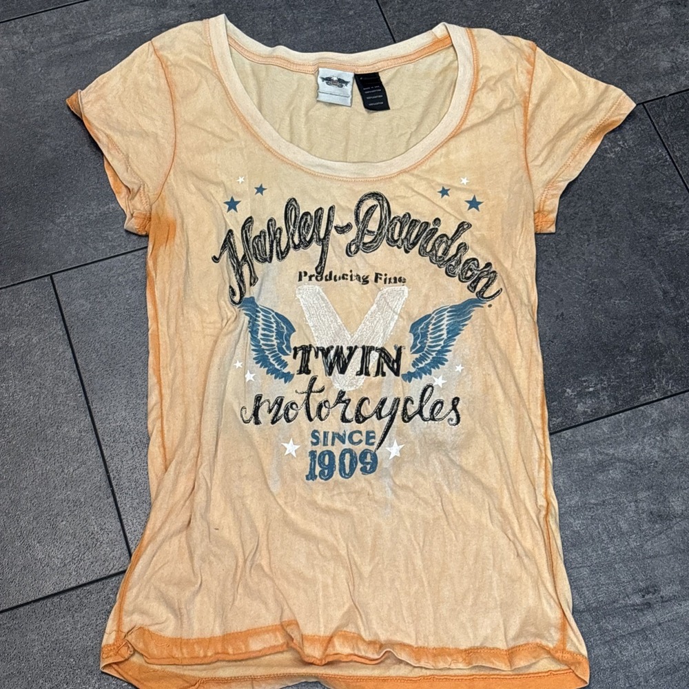 Harley Davidson Short Sleeve Motorcycle Tee Women Size L  Y2K Embroidered Orange
